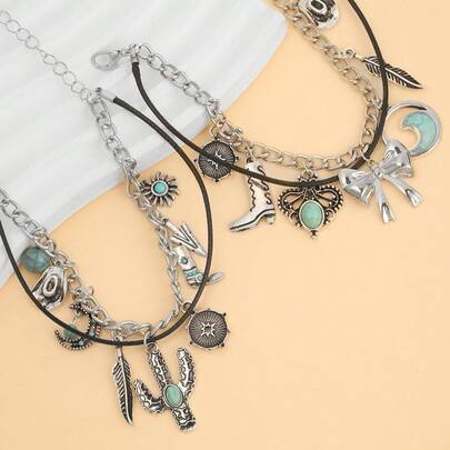 1件复古西部牛仔风格绿松石、靴子、牛仔帽多元素乡村时尚双层手链，女士西部珠宝