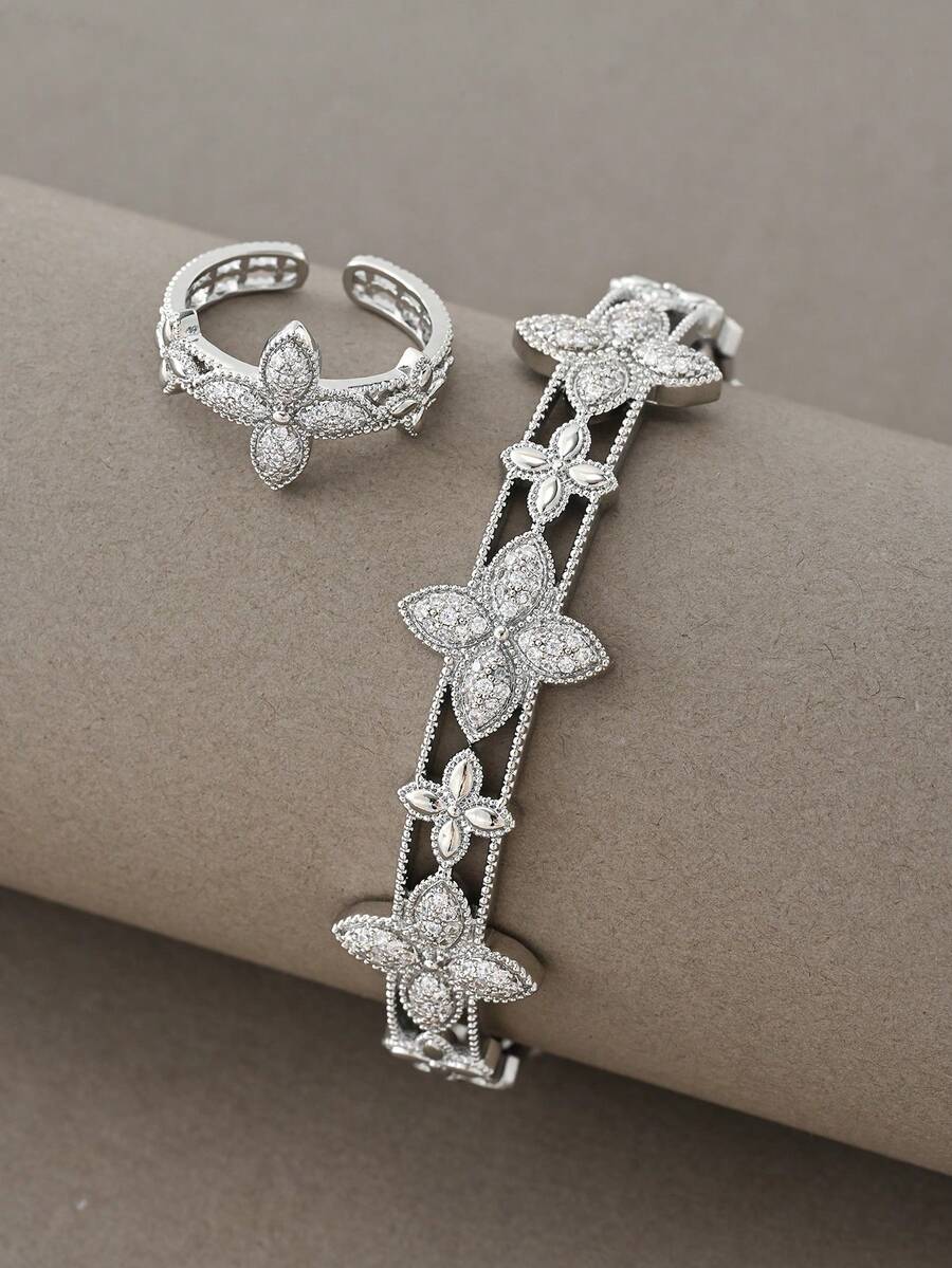 Silver Rings & Bracelet Set, Multi-Layer Linked Rings & Bracelet, Elegant Luxury Jewelry Set, Suitable For Daily Wear, Dates, Parties And Gifts - Silver - View 1