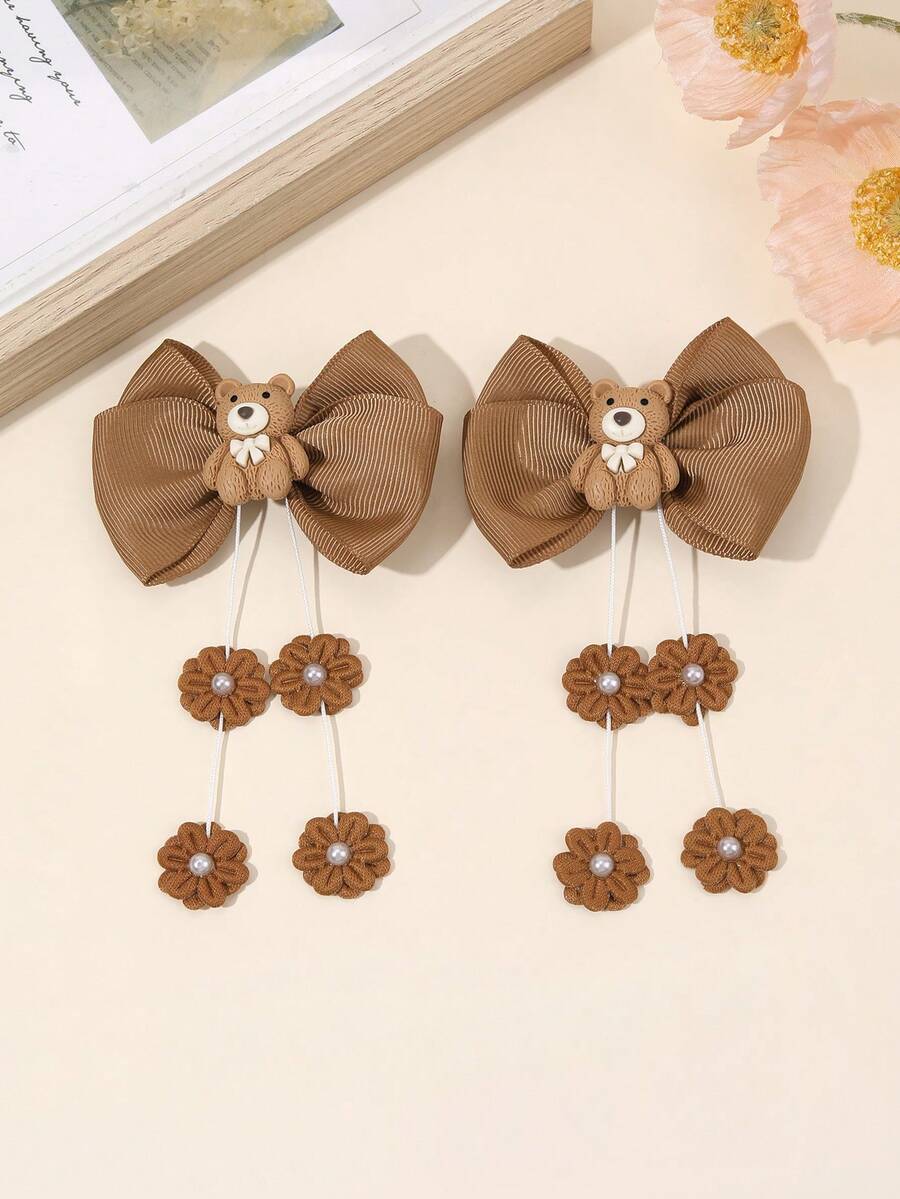 2 chiếc kẹp tóc hình gấu dễ thương có tua rua, màu nâu/cà phê, họa tiết nơ jacquard đính ngọc trai và hoa, kẹp tóc họa tiết động vật, kẹp tóc tua rua cho kỳ nghỉ, phù hợp cho thanh thiếu niên. - Cà phê nâu - Xem 1