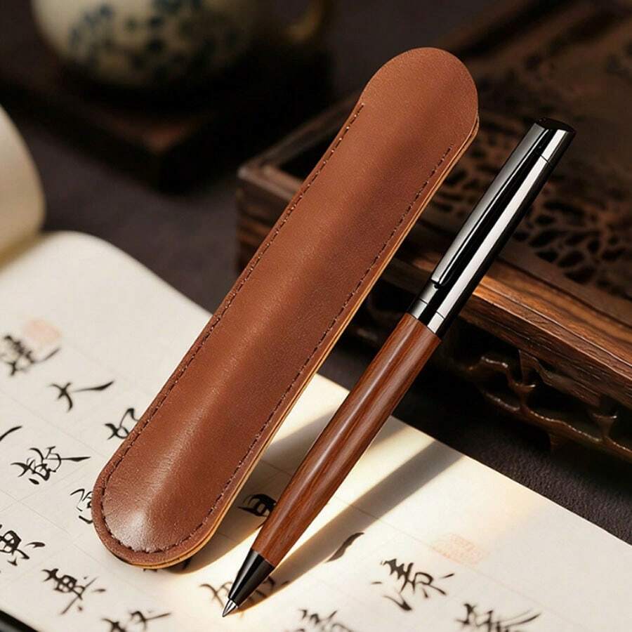 1pc Premium Retro Faux Wood Ballpoint Pen With Leather Storage Case, Business Signature Pen - Steel color 1PC - View 1