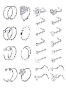 Aquaera 20g Assortiment d'anneaux de nez en forme de cœur, vis de nez en acier inoxydable avec cubic zirconia cubique en forme de L, options de 8 à 28 pièces, convient pour les cadeaux de perçage, la Saint-Valentin, les cadeaux pour amis - De nombreux styles - Voir 1
