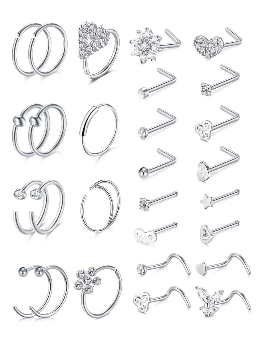 Aquaera 20g Assortiment d'anneaux de nez en forme de cœur, vis de nez en acier inoxydable avec cubic zirconia cubique en forme de L, options de 8 à 28 pièces, convient pour les cadeaux de perçage, la Saint-Valentin, les cadeaux pour amis - De nombreux styles - Voir 1