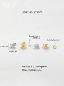 IN Z 1件装 16G 迷你可爱金蟾蜍镶嵌平底唇钉 | 精致蟾蜍耳钉 | 可叠戴耳钉 | 耳骨耳钉 | 925纯银饰品 | 金蟾蜍寓意招财纳福 | 适合女性日常佩戴 | 单件出售（非一对） - 滿鑽蟾蜍耳釘 - 查看 3