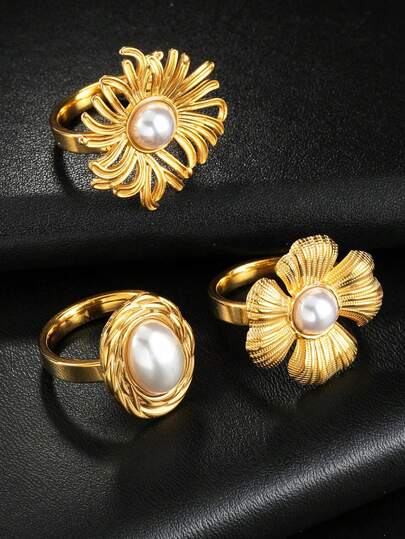 1 pieza Anillo elegante con flores y perlas falsas, adecuado para bodas, fiestas y uso diario