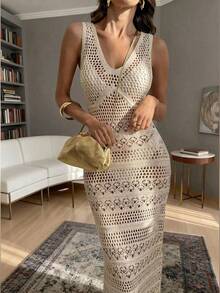 Free-Form Spring/Summer New Elegant Casual Women's Hollow-Out Long Knitted Dress, Sexy, Beach, Vacation, Seaside White - White - View 1