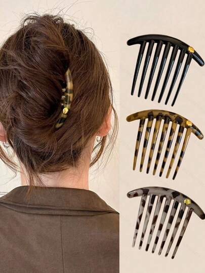 3pcs/Set Retro Golden Bead Semi-Circle Hair Clip, Elegant Vintage Slouchy Hairstyle 7-Tooth Hair Comb Design, Suitable For Bun, Side Comb, Bangs