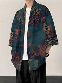 One Men's Retro Totem Patchwork Print Woven Fabric, Thin And Cool, For Self, Summer, Daily Commute, Dark Green, Red And Gold Artistic Men's Three-Quarter Sleeve Open-Front Kimono - 彩色 - 查看 1