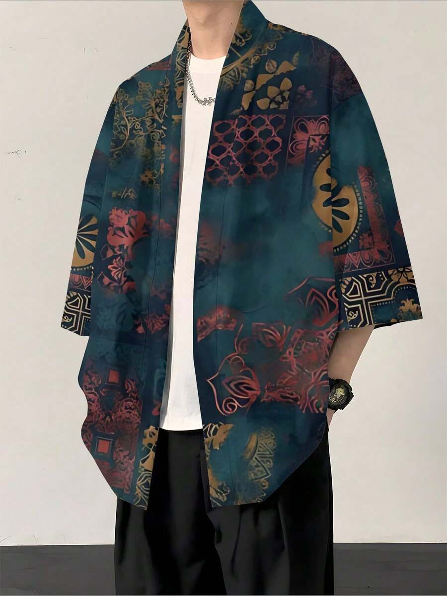 One Men's Retro Totem Patchwork Print Woven Fabric, Thin And Cool, For Self, Summer, Daily Commute, Dark Green, Red And Gold Artistic Men's Three-Quarter Sleeve Open-Front Kimono - 彩色 - 查看 1