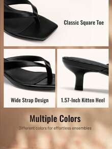 Athlefit Women's Kitten Heels Flip Flops Square Toe Low Heels Slip On Comfortable Summer Thong Heeled Sandals - 黑色 - 查看 8