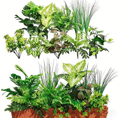 11件仿真花，假植物，适用于户外花园花盆，春夏季装饰花卉摆设