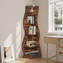 VECELO 70" Tall 5-Tier Wavy Corner Bookshelf, Book Corner, Corner Display Cabinet, Room Decoration Shelf, Bedroom Decoration Shelf, Suitable For Living Room, Study And Bedroom, Indoor Plant Stand, Modern And Simple Style - 棕色 - 查看 1
