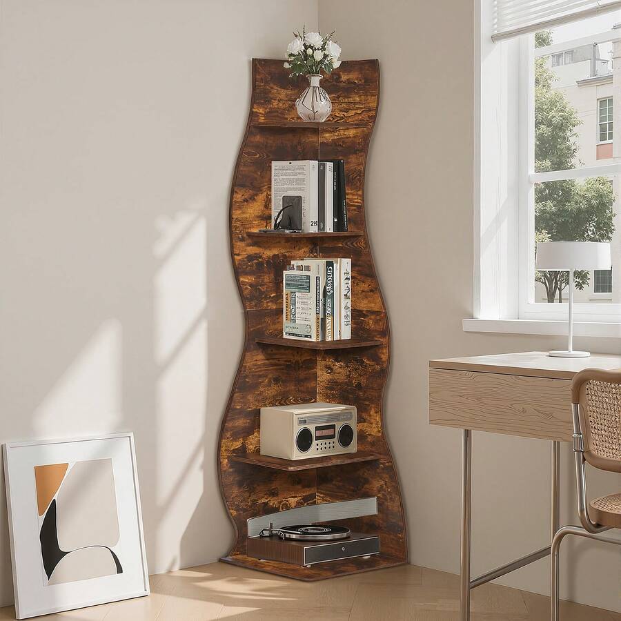 VECELO 70" Tall 5-Tier Wavy Corner Bookshelf, Book Corner, Corner Display Cabinet, Room Decoration Shelf, Bedroom Decoration Shelf, Suitable For Living Room, Study And Bedroom, Indoor Plant Stand, Modern And Simple Style - 棕色 - 查看 1