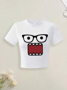 Juniors' Graphic Print Cropped Top, Casual Summer Fitted Short Sleeve Crop Tee, Girls' Comfortable Fit Cropped T-Shirt - White - View 2