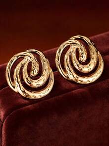 1 Pair Vintage Gold Spiral Earrings, Hollow Textured Metal Earrings, European And American Elegant Niche Luxury Versatile Accessory For Party And Work - Gold - View 4