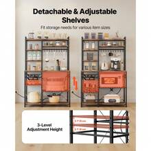 Kitchen Bakers Rack, 5 Ft Power Cable Bakers Rack With Power Outlet, Kitchen Stand With X-Shaped Support Bar, 10 S-Shaped Hooks, Coffee Bar Stand For Dishes, Spice Bottles, Built-In Power Strip - 5 Ft 10 S-shaped Hooks - View 6