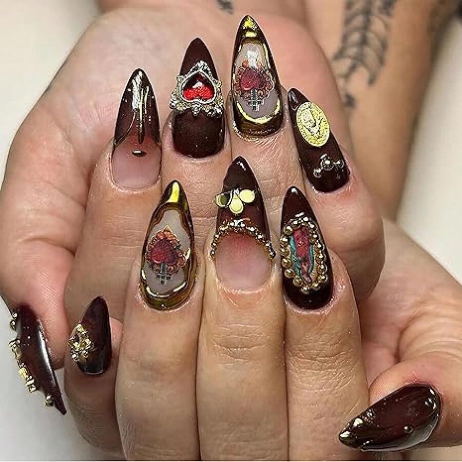 Almond Press On Nails Medium Fake Nails Brown Fall Glue On Golden Baroque Art Acrylic Nails 3d Heart Charm Metallic Ball Design Stiletto Manicure Stick On False Nails - 酒紅色 - 查看 1
