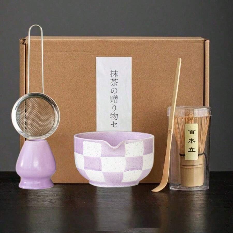 1pc/5pcs Dotted Plaid Matcha Tea Set, Includes Matcha Bowl, Matcha Whisk, Matcha Cup, Stirrer, Tea Spoon, Tea Bowl Set, Matcha Preparation Tools, Dessert & Beverage Making Tools, Japanese Gift Box, Matsukawa Matcha Stirring Set, Gift For Matcha Lovers - Multicolor - View 1
