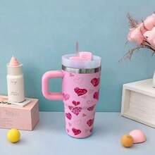 600ml Thermal Mug With Handle, Lid And Straw – Flower Print 1866-600ml - hồng - Xem 3
