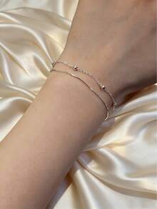 1pc Minimalist Luxury Double-Layer Silver Bead Snake Bone Bracelet, 304 Stainless Steel Rice Bead Chain Accessory, Versatile Daily Wear Non-Fading - Double Layer Bracelet - View 4