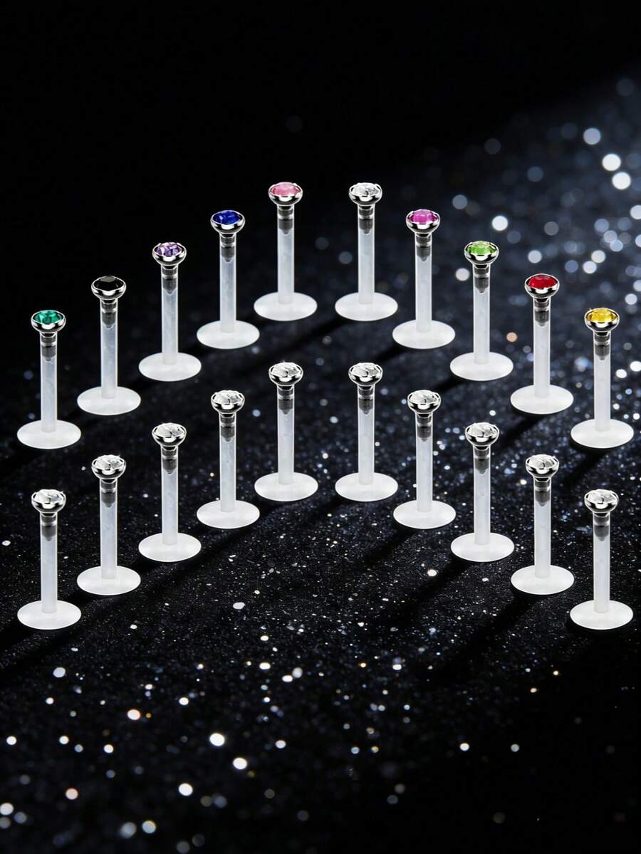 20Pcs Clear Lip Studs Medusa Piercing Jewelry, Flat Plastic Back Labret Retainers, Push-In Bioflex Piercing For Monroe, Ashley, Tragus, Helix, Etc., Sizes 6mm, 8mm, 10mm, 12mm, Suitable For Work. Clear Ear Studs Nose Studs Tragus Earrings, Invisible Plastic Tragus Labret Helix Earrings Piercing Retainers. - Clear - View 1