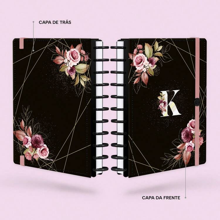 Iscool Smart Disc Notebook, 140 Sheets, Medium + Large + Floral Monogram, Letter K - Black and Pink - View 3