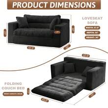 Convertible Sofa Bed, Pull Out Boneless Couch Loveseat Floor Sofa Bed With Pillows, 2-Seater Folding Sofa Loveseat Boneless Couch For Living Room, Bedroom, Apartment, Office - màu đen - Xem 2