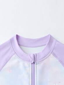 Annil 新款儿童高弹力疏水渐变泳衣，适合中小学生，保守长袖连体泳衣 - 紫調花 - 查看 4