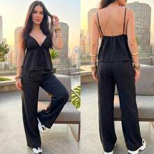 Set Includes A Tie-Front Top With Adjustable Straps And High-Waisted Wide-Leg Pants. Elegant And Comfortable Emily Brand. Casual Sets For Vacations And Offices. Suitable For All Seasons. - 黑色 - 查看 2