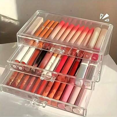 1个透明桌面抽屉式口红/唇彩收纳架，防水防尘化妆品收纳架