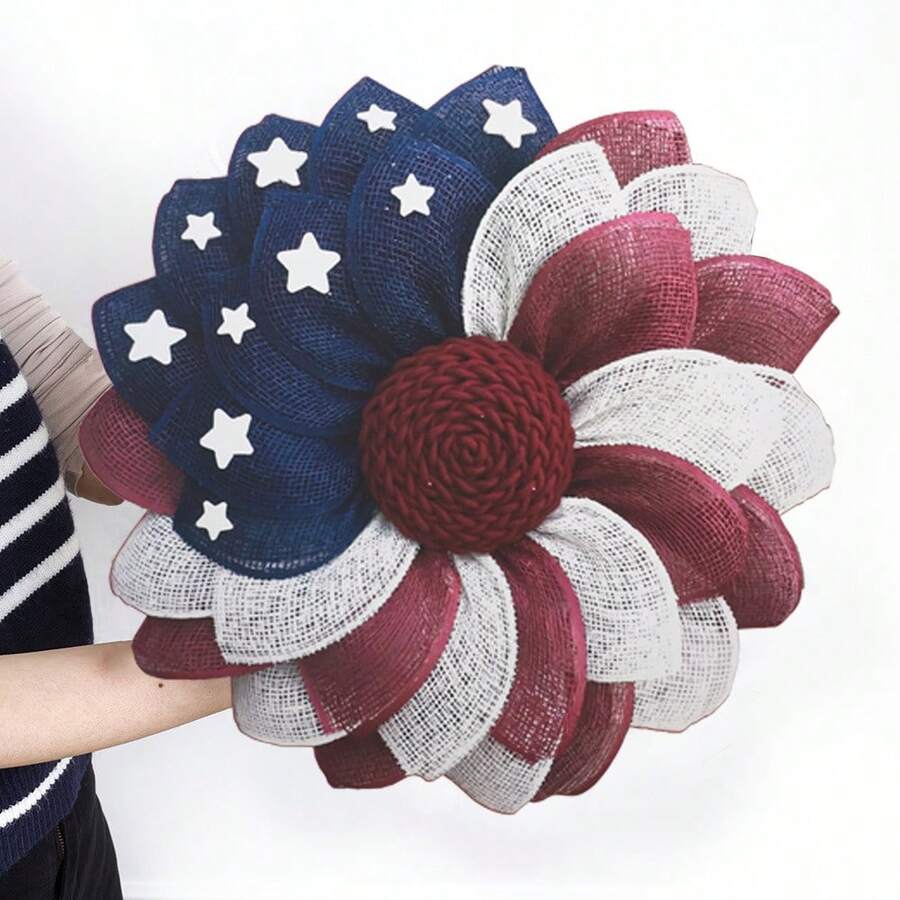 Corona de madera, 4 de julio Día de la Independencia, Día de los Caídos, Corona de girasol, Decoración colgante para la puerta principal, Decoración para fiestas festivas - Ver 1