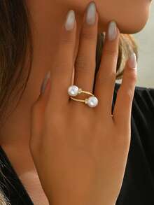 1pc Minimalist Braided Double Pearl Adjustable Ring, Classic Casual Open Ring - Gold - View 4