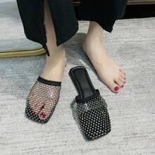 Rhinestone Hollow Mule Slippers For Women, Flat Bohemian Holiday Sandals, European And American Fashion Round Toe Ladies Black Slides - Black - View 8