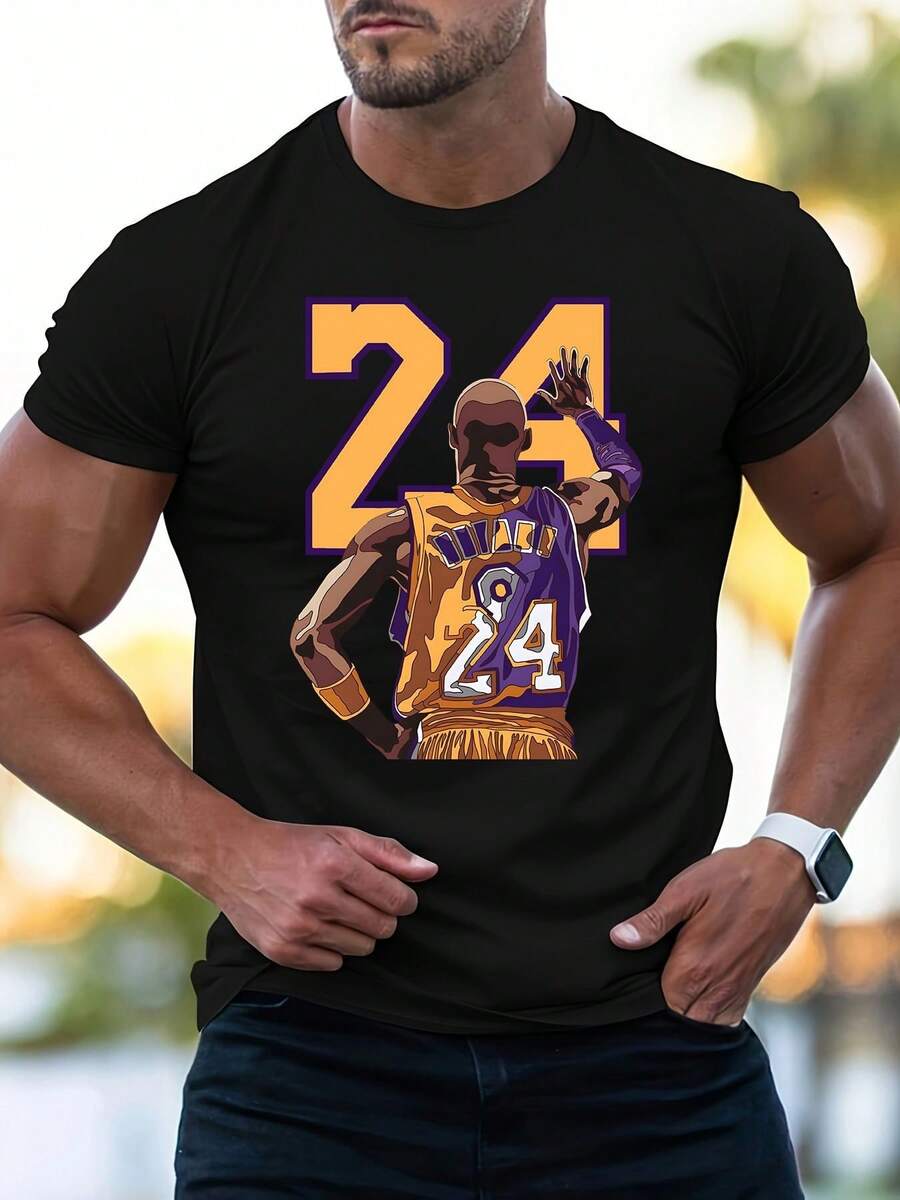 Maglia da basket da uomo con stampa numero 24 - Nera con stampa viola e gialla, maglia sportiva traspirante a girocollo, adatta per sport, fitness e corsa. | Comoda per tutte le stagioni, lavabile in lavatrice. | Il regalo ideale per compleanni e festività per gli appassionati: maglia da basket, abbigliamento sportivo, stile atletico, vestibilità comoda, tessuto resistente, abbigliamento da allenamento, abbigliamento sportivo, materiale leggero, maglia sportiva, per uomini attivi. - nero - Visualizzare 1