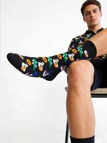 1 Pair Unisex Black Casual Socks With Swimming Ring Graphic, Street Style Mid-Calf Socks, Suitable For All Seasons - Black - View 3