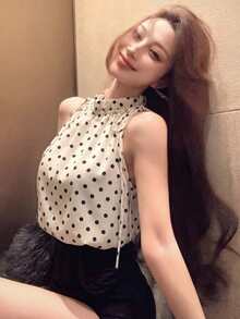 Women's French Style Black Polka Dot Satin Drawstring Loose Fit Camisole Top - White - View 4