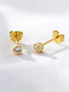 1对S925纯银耳钉，女士简约精致小钻耳钉，百搭日常佩戴饰品 - 金色 - 查看 2