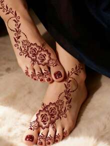 全手足花卉图案棕色、红色、酒红色性感临时纹身贴纸，适合女性，灵感源自海娜彩绘的防水花卉图案纹身贴纸，棕色纹身贴纸，适用于人体彩绘、婚礼和派对 - 紅色 - 查看 4