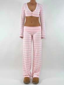 Women's Y2K Striped Rolled-Up Pants, Low-Rise Yoga Pants, Casual Pants, Color-Blocked Wide-Leg Flared Pants, Sweatpants - 粉色 - 查看 5