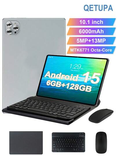 Qetupa Tableta Android de 15.1 pulgadas, con funda protectora, teclado y ratón, ligera y portátil para uso de oficina de adultos, 6GB de RAM + 128GB de almacenamiento (ampliable a tarjeta MicroSD de 1TB), procesador Octa-Core MTK6771 de 2.0GHz, pantalla táctil HD (1280x800) IPS, cámara frontal de 5MP y cámara trasera de 13MP, batería de 6000mAh