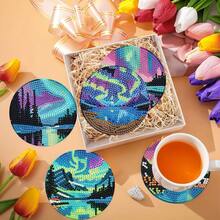8件套DIY钻石画杯垫套装,圆形闪亮钻石表面,强力背胶,工具齐全,适合初学者,减压手工,新年、情人节、圣诞节、教师节礼物,家居装饰杯垫,送给家人、朋友、女朋友、老师 - 彩色 - 查看 4