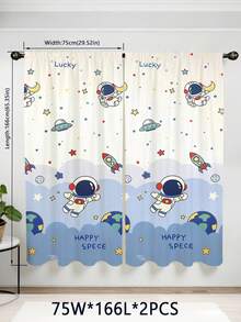 2 Paneles de cortina decorativa con diseño impreso de astronauta, cohete, planeta y estrellas para habitación de niños, fácil de limpiar - lavable a máquina - Multicolor - Ver 10