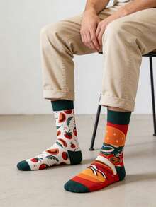 1 双男士不对称汉堡番茄图案中筒袜，四季皆宜 - 彩色 - 查看 5