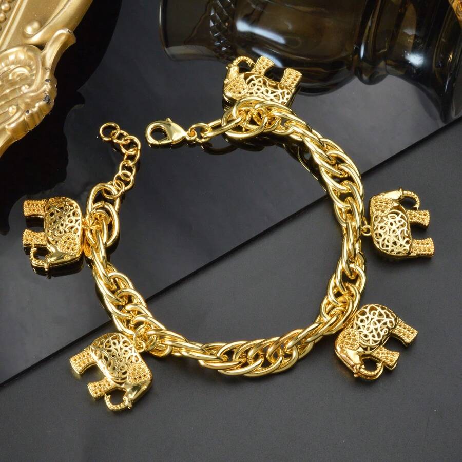 金色大象手链 - 波西米亚链，适合女孩和女士日常佩戴，精致生日礼物 - 金色 - 查看 1