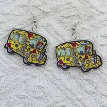 可爱返校季黄色校车耳坠，2D扁平亚克力趣味校车吊坠耳环，适合女性、女孩、学生，节日派对日常穿搭耳饰礼物 - A - 查看 2