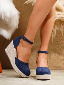 Women's Comfortable Non-Slip Buckle Round Toe Platform Wedge Shoes, Spring/Summer - Blue - View 7