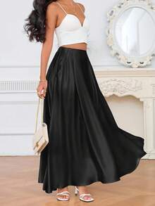 Solid Color Micro Elastic Waistband Thick Satin Women's Four Season Skirt, Essential For Daily Life And Halloween Business Holiday Season - Black - View 5