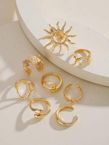 8件套女士金色戒指，时尚优雅休闲个性化波西米亚风花朵太阳不对称宽边戒指套装，适合女士假日派对约会日常旅行拍照搭配服装，新款百搭 - 金黃色 - 查看 2