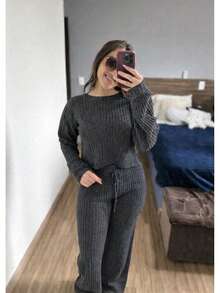 Comfortable Ribbed Mousse Knit Set For Autumn/Winter, Casual And Basic - 深灰色 - 查看 1