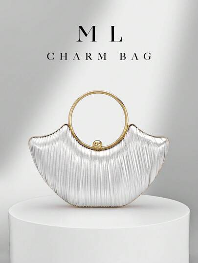 1pc Women's Metal Pleated Mini Luxury Evening Clutch Bag, Elegant Leather Party Handbag, Shiny Formal Occasion Purse