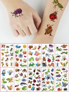 10张卡通昆虫动物临时纹身贴纸，蜜蜂、青蛙、蜻蜓、蜗牛等昆虫图案，防水，持久2-5天，趣味防水纹身贴纸，理想的生日礼物 - 彩色 - 查看 8